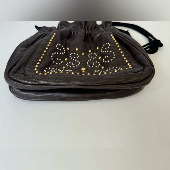 Yves Saint Laurent Vintage Brown Leather Studded Fringe Black Tie Handbag - Picture 7 of 15
